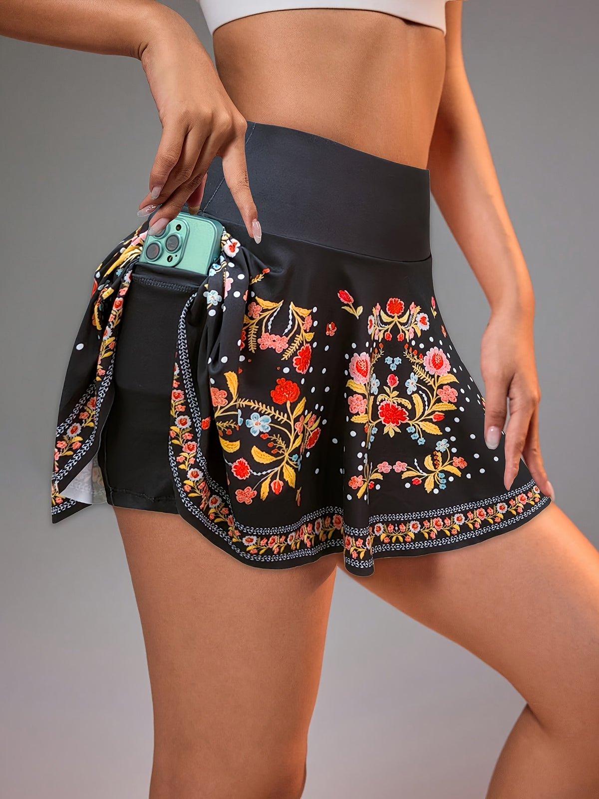 Women's Adult Fashion Summer Y Style Training Outfit Wear Floral Print Skort with Phone Pocket - Black
