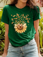 Sunflower Pattern Print - with Bow Design - Casual Round Neck, Short Sleeve, Spring/summer Fashion T-shirt - Dark Green