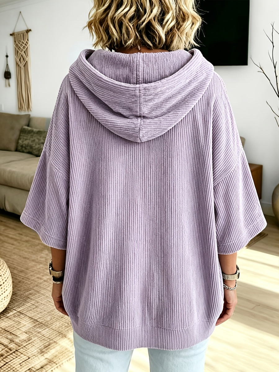 Plus Size - Women'S Casual Corduroy Drawstring Hooded Sweatshirt, Classic Versatile Hooded Top Elegant Women'S Top, Loose Fit Comfortable Sweatshirt Suitable for Commute And Casual Wear Spring/Autumn Clothing - Lavender