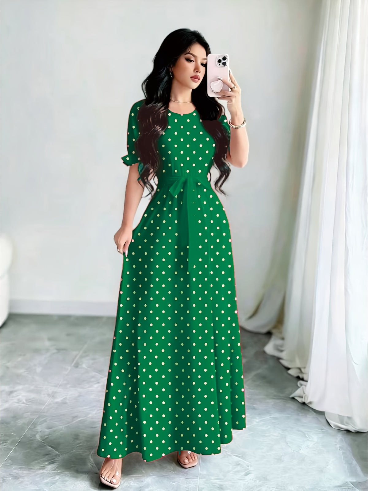 Elegant Summer Dress, Polka Dot Print Dress, Women's Fashion Round Neck Short Puff Sleeve Dress with Belted Waist, Long Dress ASD1 - Green