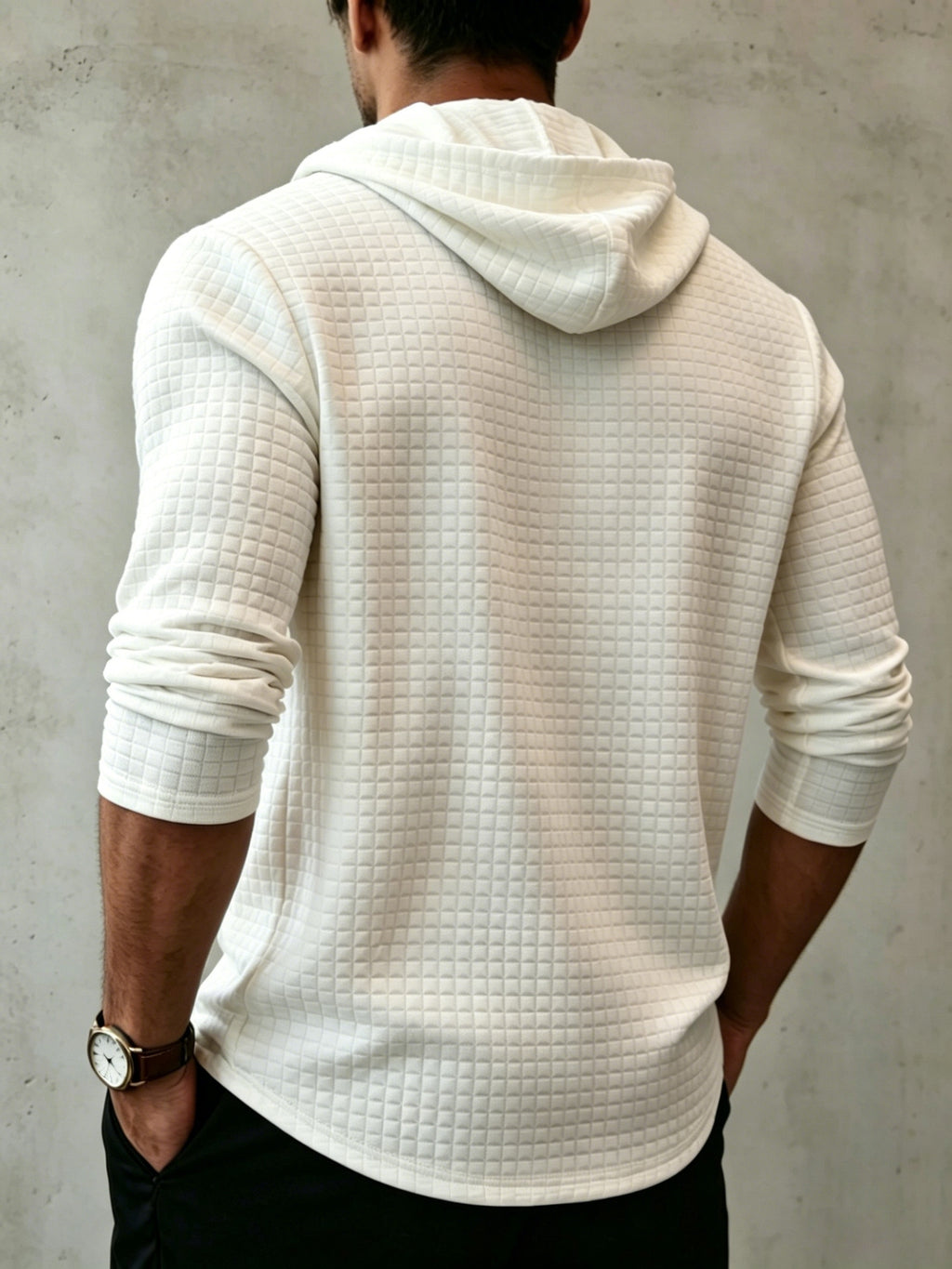Men'S Fashion Hooded Sweatshirt, Autumn/Winter New Long Sleeve Half-Open Cardigan Top, Niche Small Checkered Jacquard Comfortable Warm Fabric, Solid Color Knit with Hood Craft Trendy Men'S Clothing, New Fabric Craft Design - White