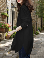 Women'S Elegant Retro Style Easy Stand-Up Collar Mid-Length Side-Slit Design Literary Full Daily Wear Shirt - Black