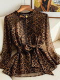 Women'S Leopard Print Round Neck Long Sleeve Tie-Waist Ruffled Blouse - Leopard Print