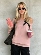 Autumn Women'S Off-Shoulder Fashion Sweatshirt with Bow Detail, Long Sleeve, Casual Streetwear - Pink Color