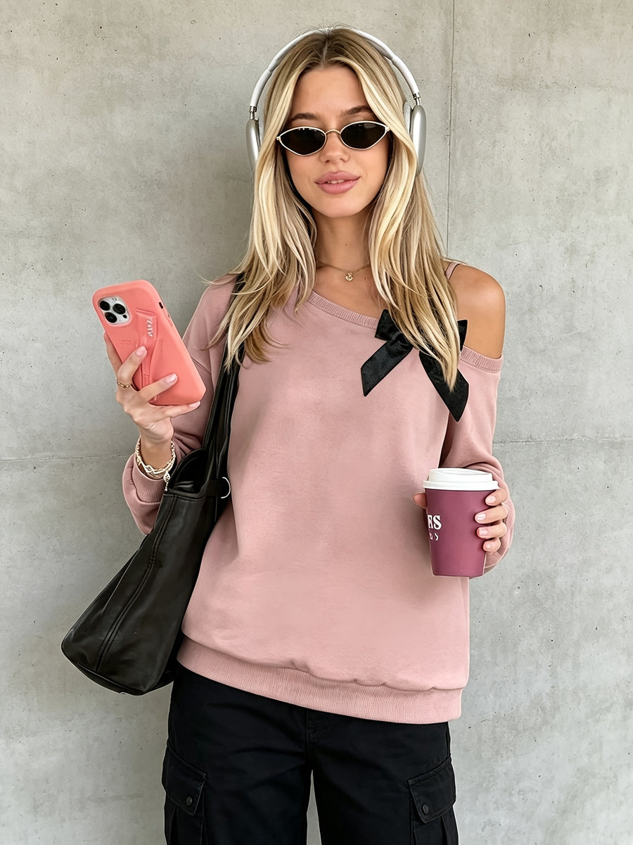 Autumn Women'S Off-Shoulder Fashion Sweatshirt with Bow Detail, Long Sleeve, Casual Streetwear - Pink Color