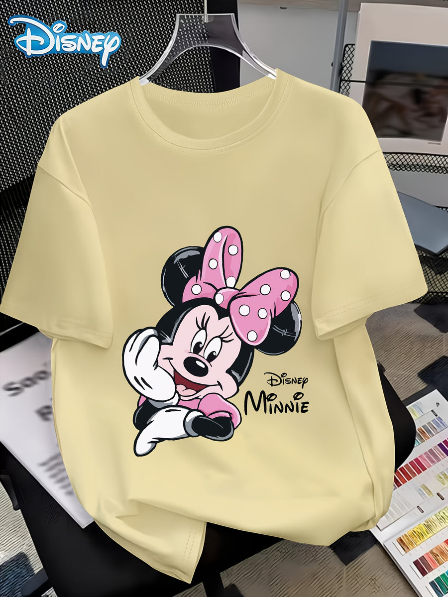 Disney Minnie with a Smile on Her Cheek Printed Fashion Women'S Round Neck Casual T-Shirt, Comfortable Fabric Short Sleeved, Round Neck Women'S T-Shirt, Worn in Spring And Summer - Apricot