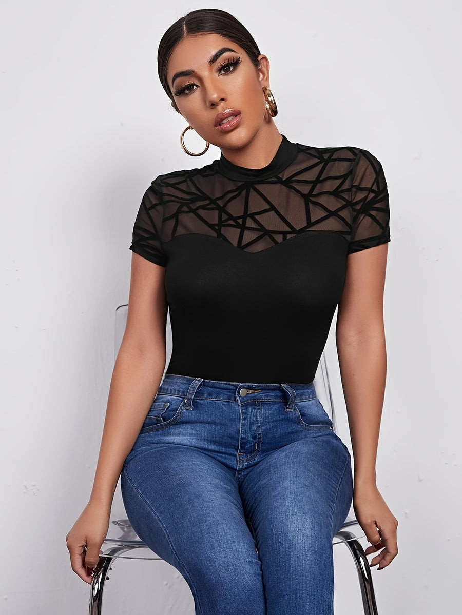 Women's Black Geometric Mesh Bodysuit - Black