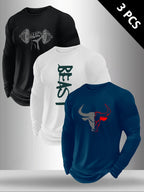 Set of Three Men'S Long-Sleeve T-Shirts, Featuring Print Regular Long-Sleeve Shirts for Spring And Autumn, Suitable for Outdoor Sports And Casual Wear - Black, White, Blue