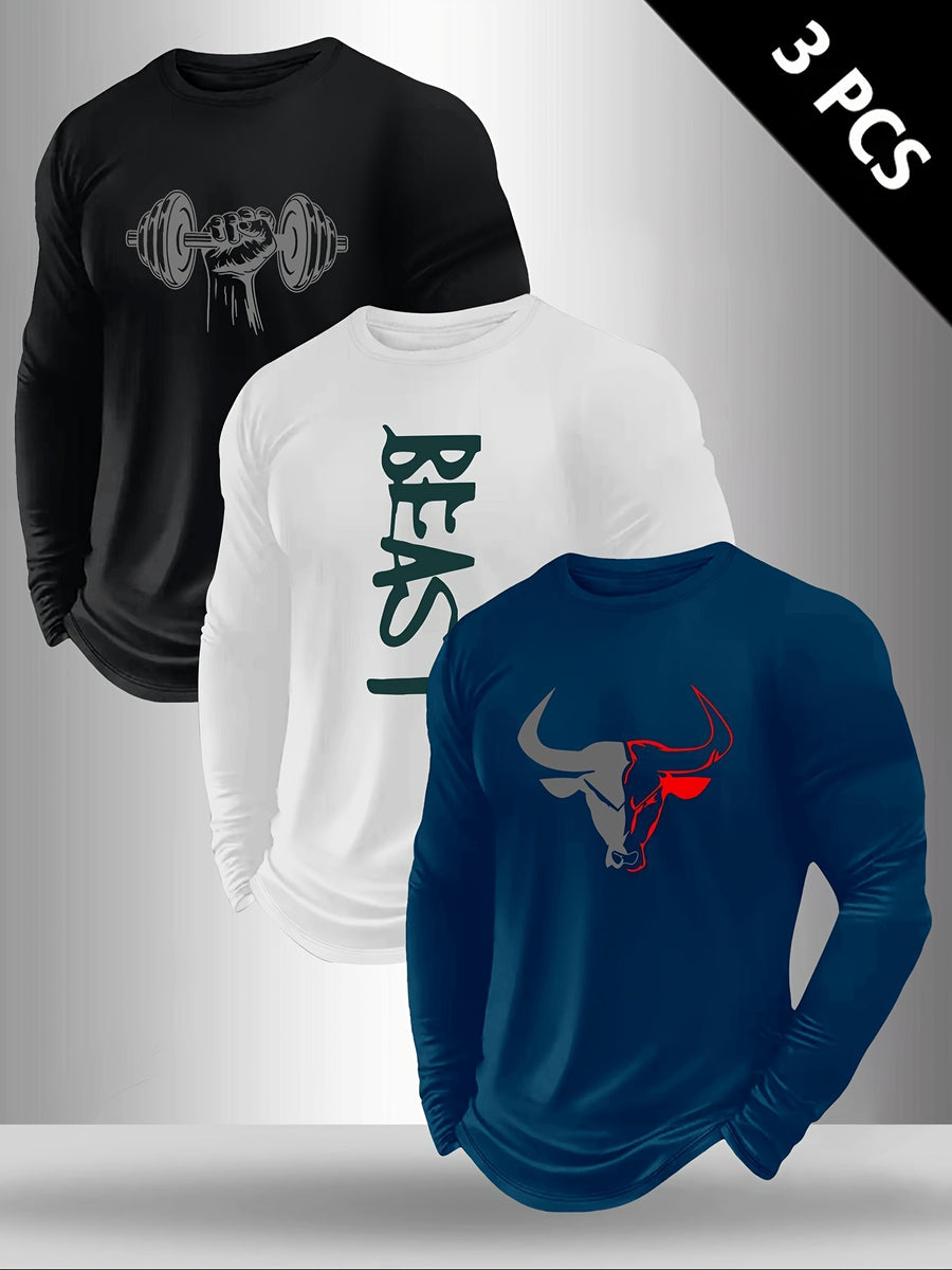 Set of Three Men'S Long-Sleeve T-Shirts, Featuring Print Regular Long-Sleeve Shirts for Spring And Autumn, Suitable for Outdoor Sports And Casual Wear - Black, White, Blue