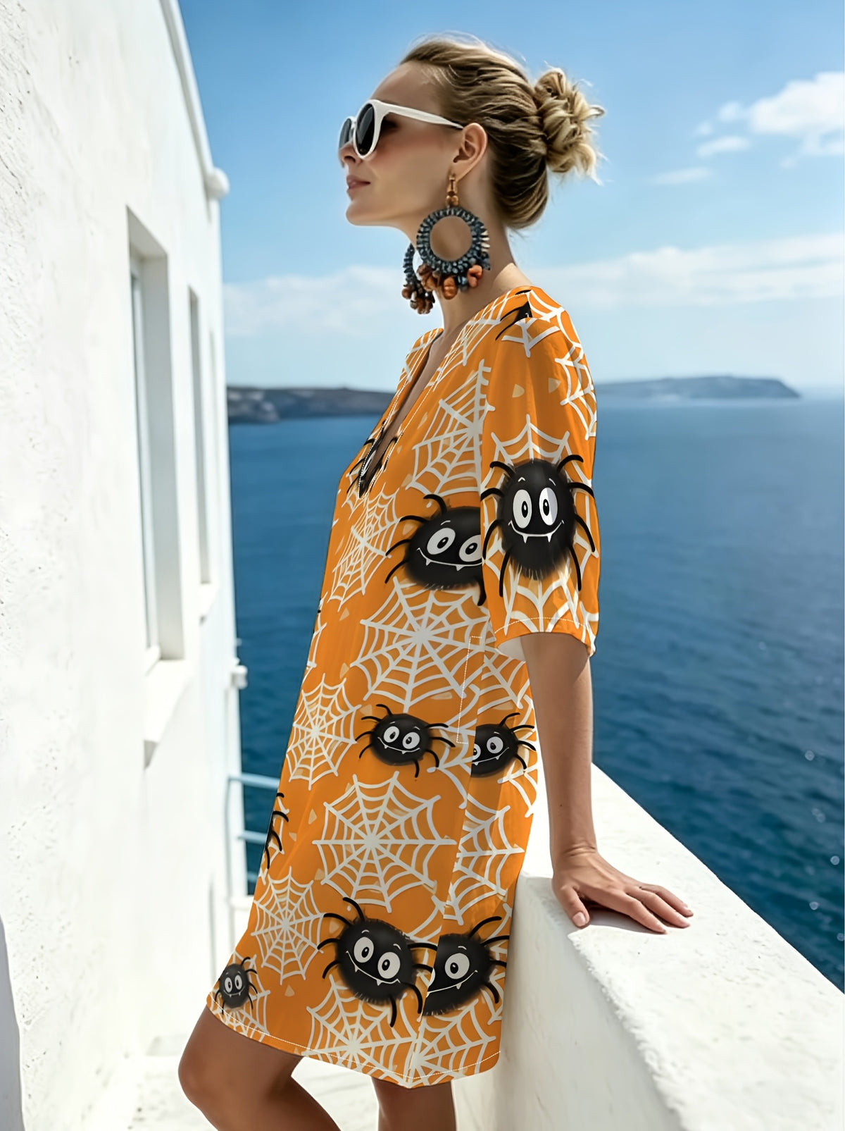 Halloween Fun Spider Print V-Neck Straight Dress, Featuring a Loose Drop-shoulder Short-sleeve Cut, Made from Comfortable and Breathable Fabric. This Relaxed, Laid-back Style Is Perfect for Creating a Festive Atmosphere, Suitable for Daily Outings - Mixed colors