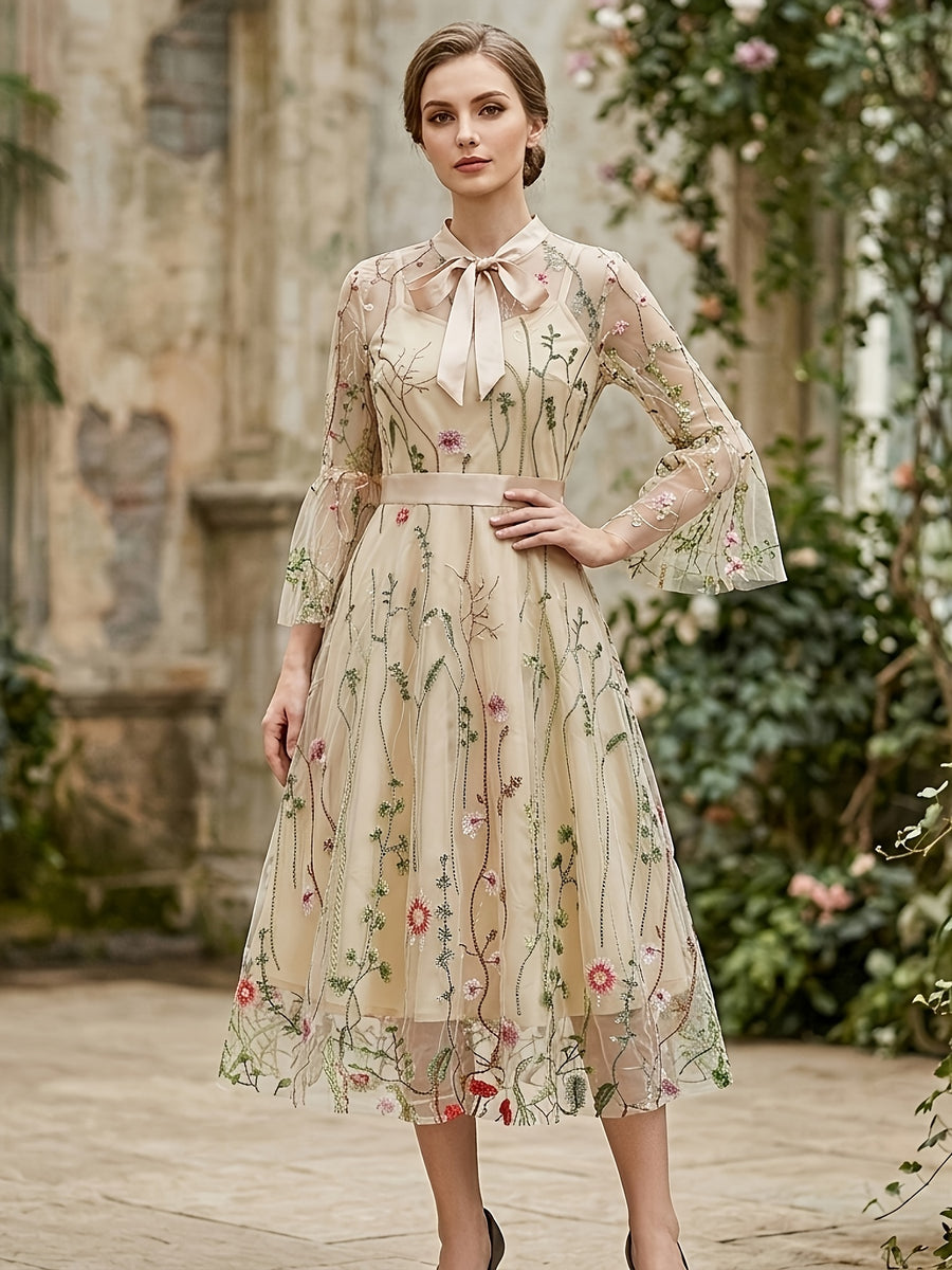Vintage Mesh Embroidered Patchwork Mid-Sleeve Gothic Dark Evening Gown, for Gatherings, Parties, Dress, Evening Dress, Gown - Apricot