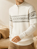Du Jing Lan OBM Spring/Autumn New Arrival Men's Knitted Pullover, Old Money Style Contrast Color Stand-Up Collar Half-Open Placket Long Sleeve Knitted Pullover, Men's Business Casual Fashion Ribbed Sweater with Stand-Up Collar and Half-Open Placket - White
