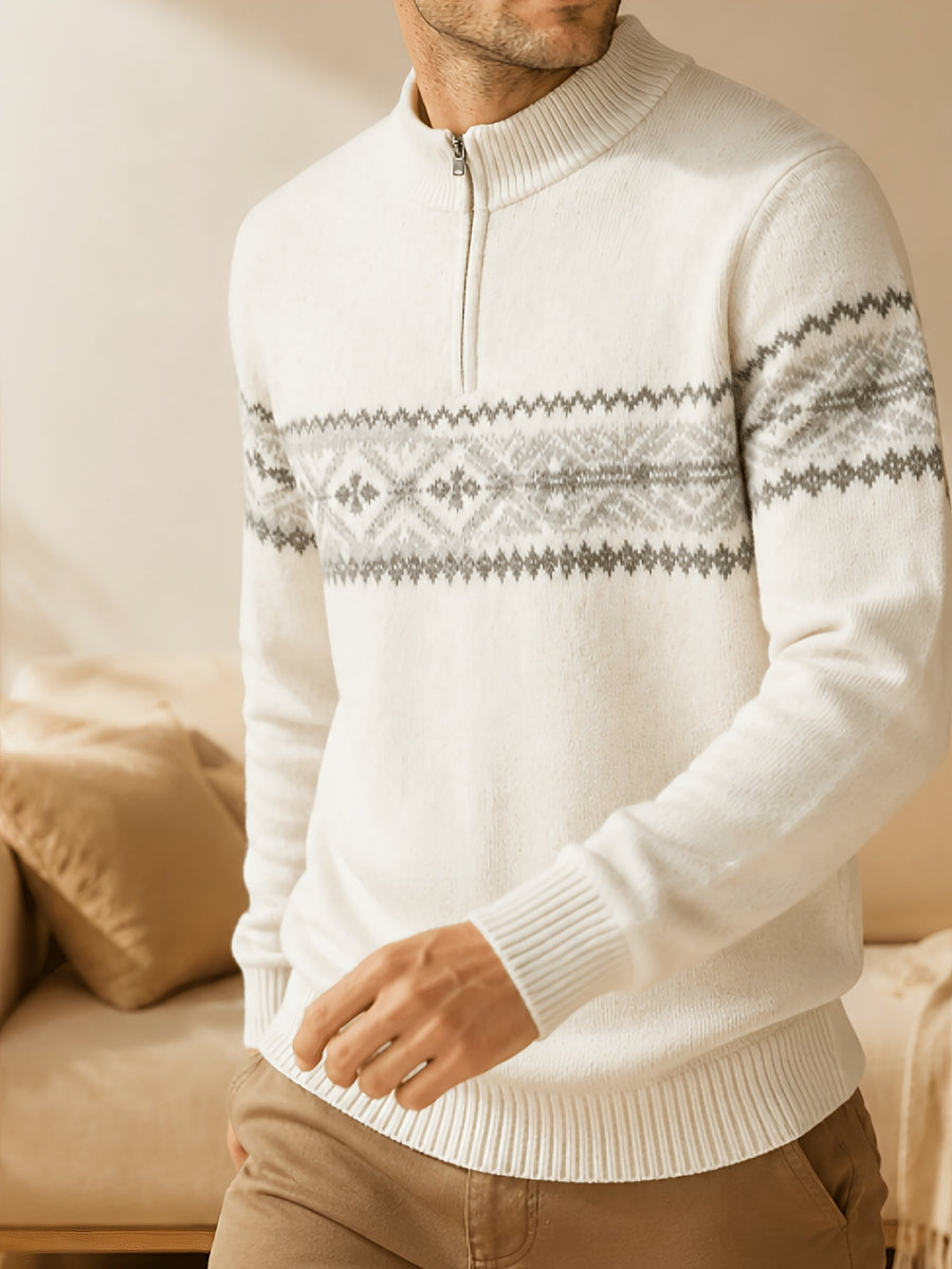 Du Jing Lan OBM Spring/Autumn New Arrival Men's Knitted Pullover, Old Money Style Contrast Color Stand-Up Collar Half-Open Placket Long Sleeve Knitted Pullover, Men's Business Casual Fashion Ribbed Sweater with Stand-Up Collar and Half-Open Placket - White