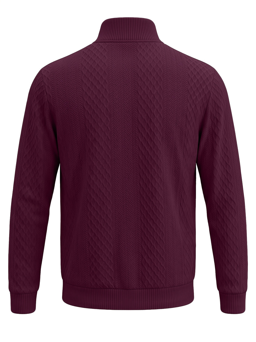 BOWZ Men's Fashion Henley Shirt, Solid Color Half-Zip Knit Top, Autumn/Winter Casual Long-Sleeve T-Shirt, Stylish and Versatile, Warm and Breathable, Suitable for Outdoor Sports and Daily Wear, Random Fabric Texture - Deep Red