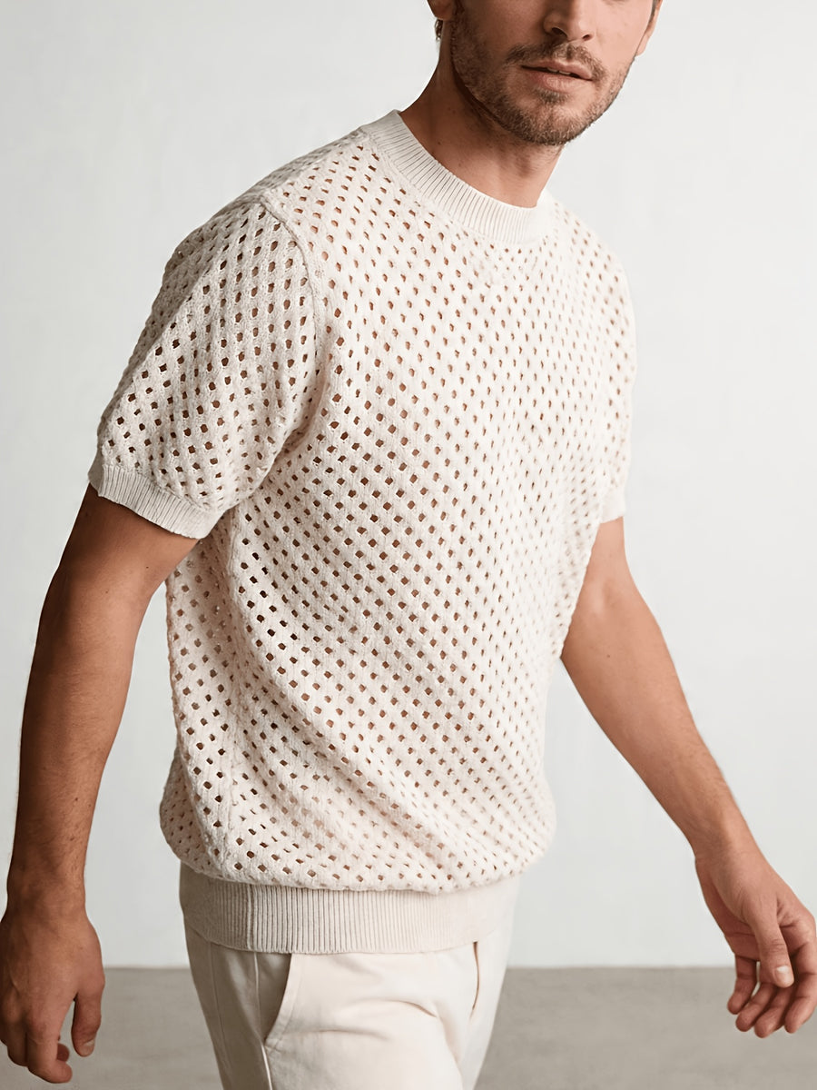 Men's Round Neck Short Sleeve Spring/Summer New Hollow Knit Fitted Style Casual Knit Shirt - Khaki