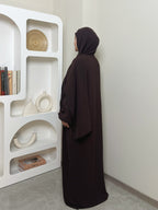 IRONFREE Elegant Crepe Hooded Abaya Hijab with Attached Scarf & Pockets - Modest Long Sleeve Full Coverage Prayer Dress, Machine Washable Medium Stretch Solid Color All-Season Traditional Muslim Women's Clothing, Muslim Clothes, Modest Apparel, Medium - Reddish Brown