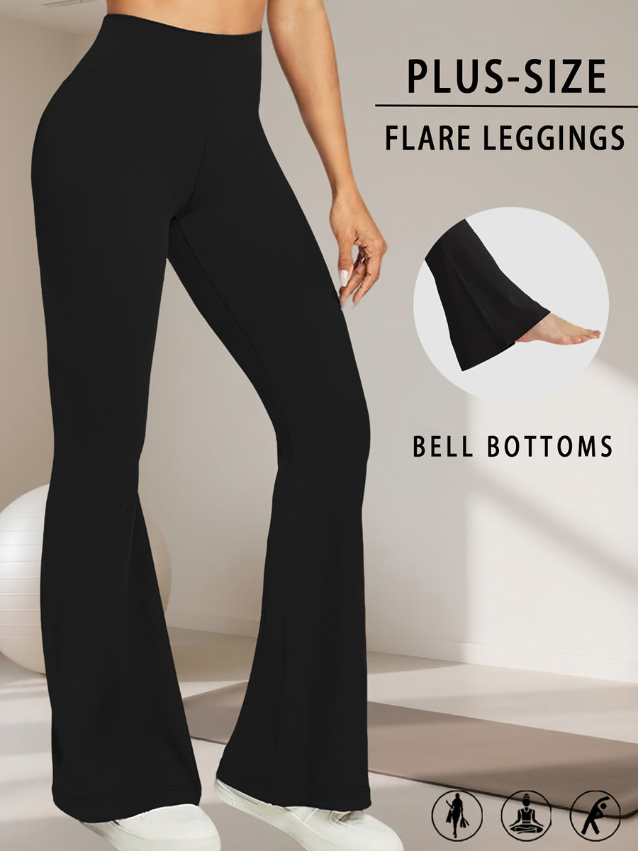 Plus Size Women's Super Soft High Waisted Flare Pants, Leggings Tummy Control Soft Bootleg Bell Bottoms - Black