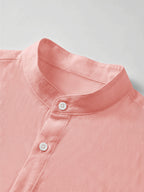 Men'S Autumn Winter New Solid Color Linen-Like Shirt, Roman Letter Print Pattern, Casual Commute Easy Versatile Stand Collar Button-Up Cardigan, Leisure Sports Street Trendy Fashion Business Outing Entertainment Party Old Money Style Outfit - Pink Color