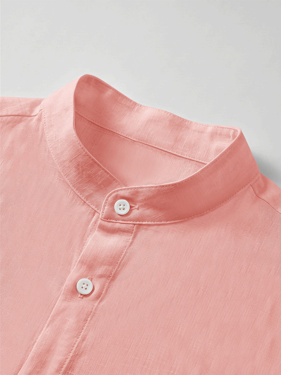 Men'S Autumn Winter New Solid Color Linen-Like Shirt, Roman Letter Print Pattern, Casual Commute Easy Versatile Stand Collar Button-Up Cardigan, Leisure Sports Street Trendy Fashion Business Outing Entertainment Party Old Money Style Outfit - Pink Color