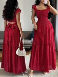 Vintage Red Polka Dot Square Neckline Ruffle Hem Dress with Backless Bow Waist Tie and Flared Skirt, Vacation Style Women's Dress - Red
