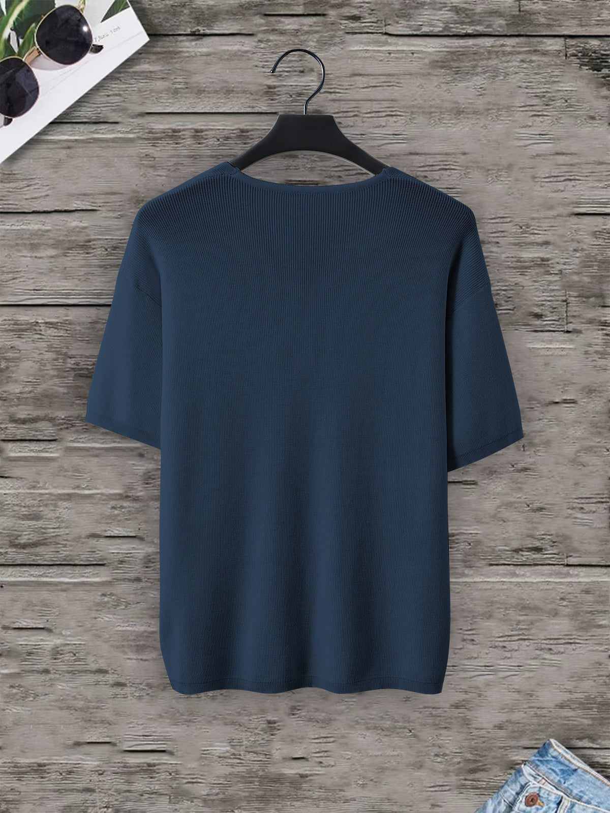 Men'S Loose-Fitting Short-Sleeve Pullover with a V-Neck And Dropped Shoulders, Knit - Navy Color