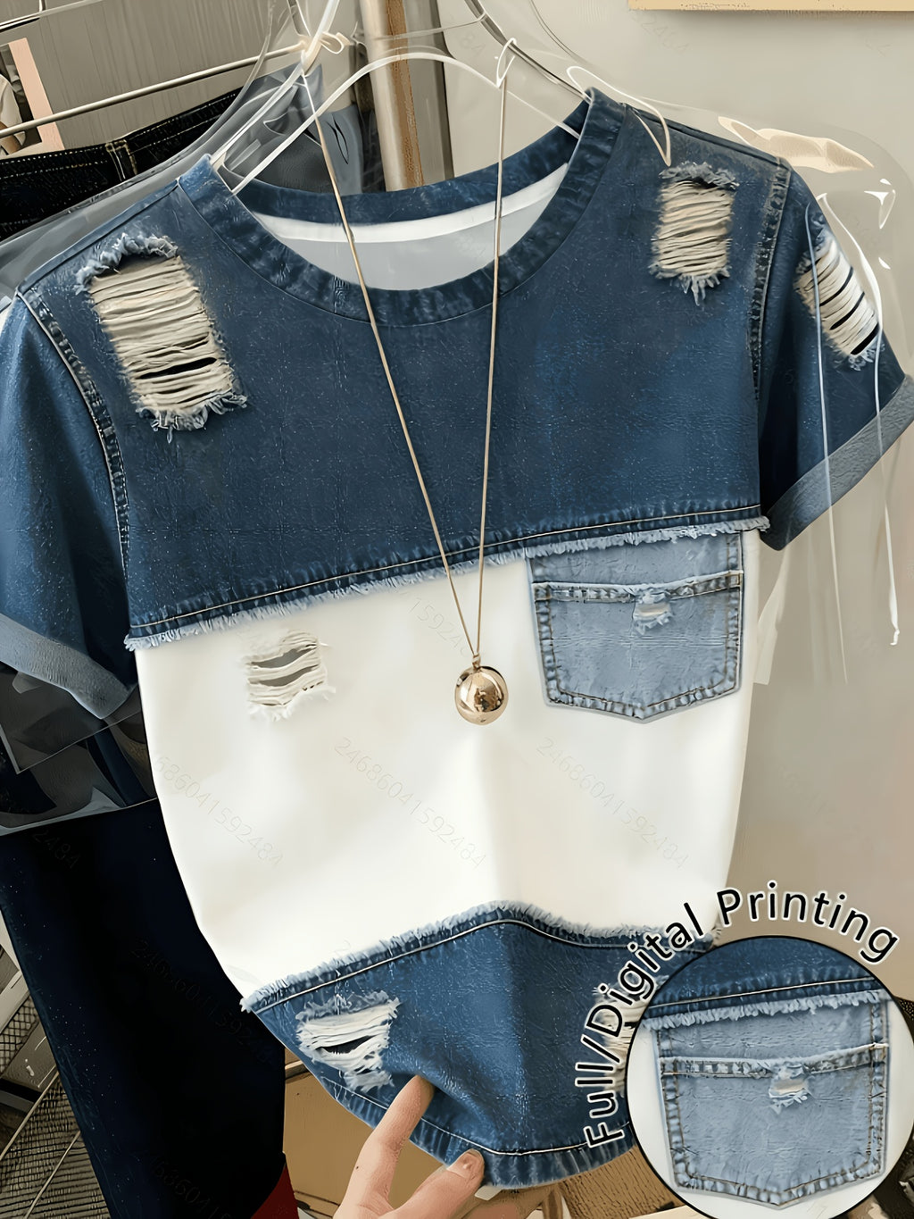 [Printed Pants - Not Denim Fabric]Women'S Faux Denim Patchwork Number Print T-Shirt, Distressed Ripped Design with Pocket Detail, Round Neck Short Sleeve Casual Top, Suitable for Street Style, Daily Shopping, Weekend Outings, Vacation - Mixed colors