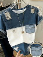 [Printed Pants - Not Denim Fabric]Women'S Faux Denim Patchwork Number Print T-Shirt, Distressed Ripped Design with Pocket Detail, Round Neck Short Sleeve Casual Top, Suitable for Street Style, Daily Shopping, Weekend Outings, Vacation - Mixed colors