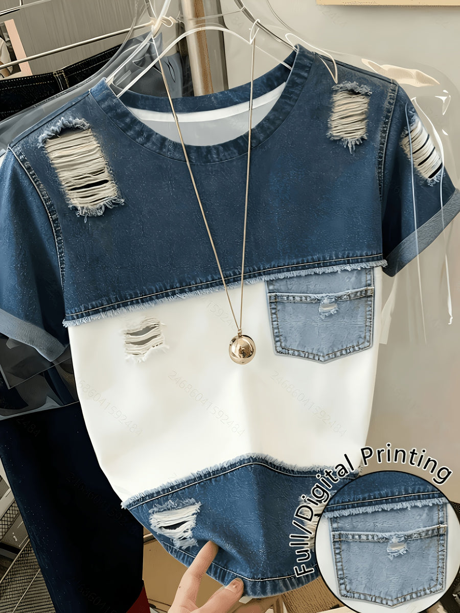 [Printed Pants - Not Denim Fabric]Women'S Faux Denim Patchwork Number Print T-Shirt, Distressed Ripped Design with Pocket Detail, Round Neck Short Sleeve Casual Top, Suitable for Street Style, Daily Shopping, Weekend Outings, Vacation - Mixed colors