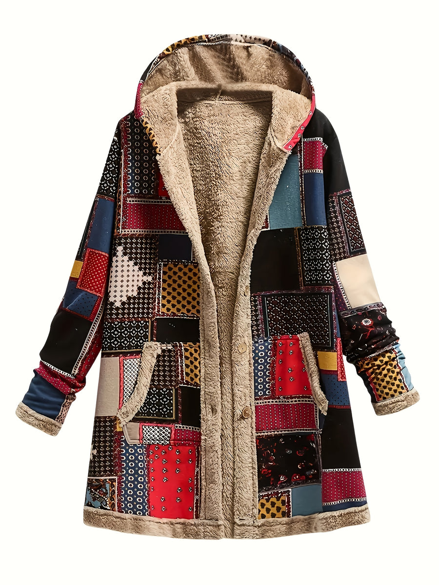 Plus Size - Plus Size - Oversized Coat, Plush Printed Hooded Sweatshirt, Top Outerwear - Mixed colors