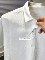 Men's Summer Lightweight Imitation Wrinkle Polo Shirt Solid Lapel Short Sleeve Tops with Button Placket - White