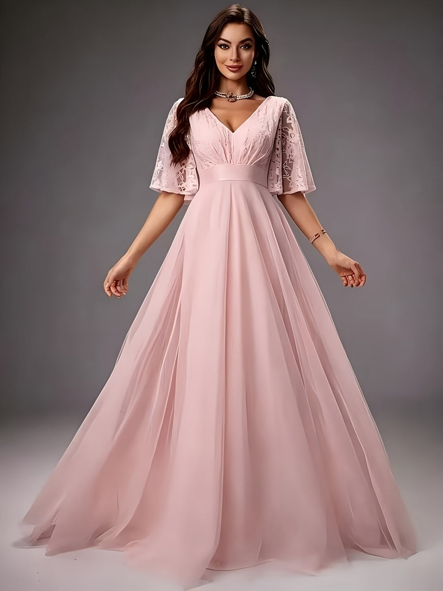 Ladies V-Neck Lace Embroidered Spliced Large Skirt White Mesh Elegant Wedding Dress Gown Dress - Pale Pinkish Gray