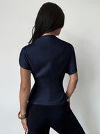 Asymmetrical Sleeve Side Ruched Waist Commuter Women'S Blouse, All-Season - Navy Color