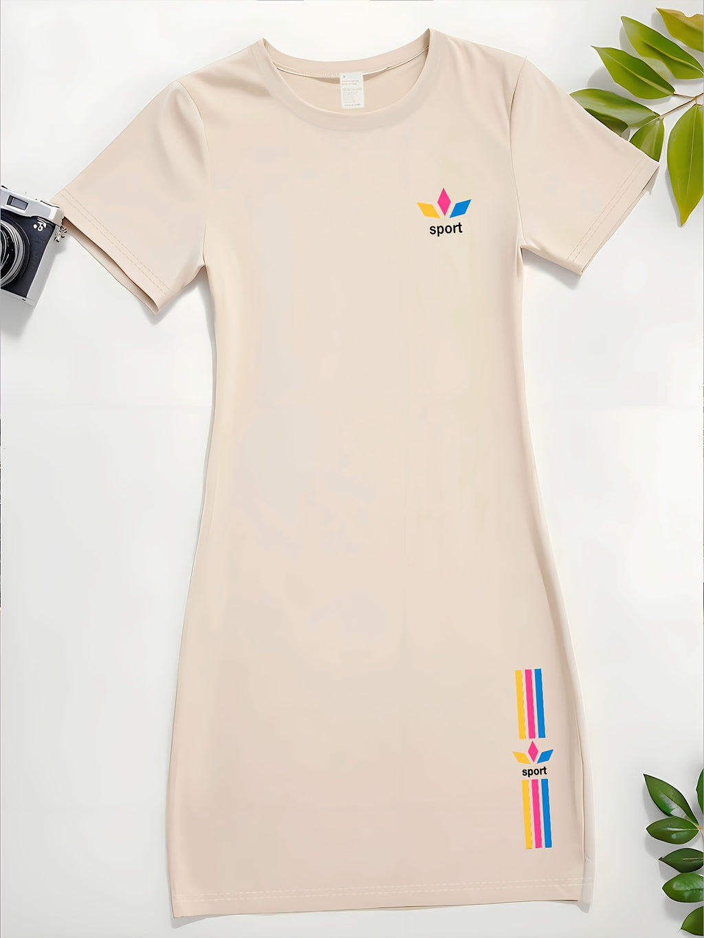 Women's 1pc T-Shirt Dress, Round Neck Short Sleeve Dress with Colorful Striped Print and "SPORT" Lettering, Casual Summer Fashion Dress for Women, Soft, Casual, and Elegant Women's Dress, Knee-Length, the Perfect Choice for Casual Summer Outfits - Apricot