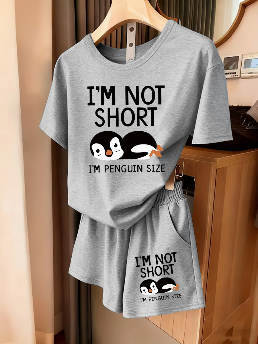 2pcs Women'S Summer Short Sleeve Set - I'M NOT SHORT Fun Penguin Print Short Sleeve And Shorts Outfit, Comfortable, Soft, Breathable Sportswear for Daily Wear, Suitable For, Campus, Valentine'S Day, Women'S Pajamas, Jogging, Fitness - Gray + Gray