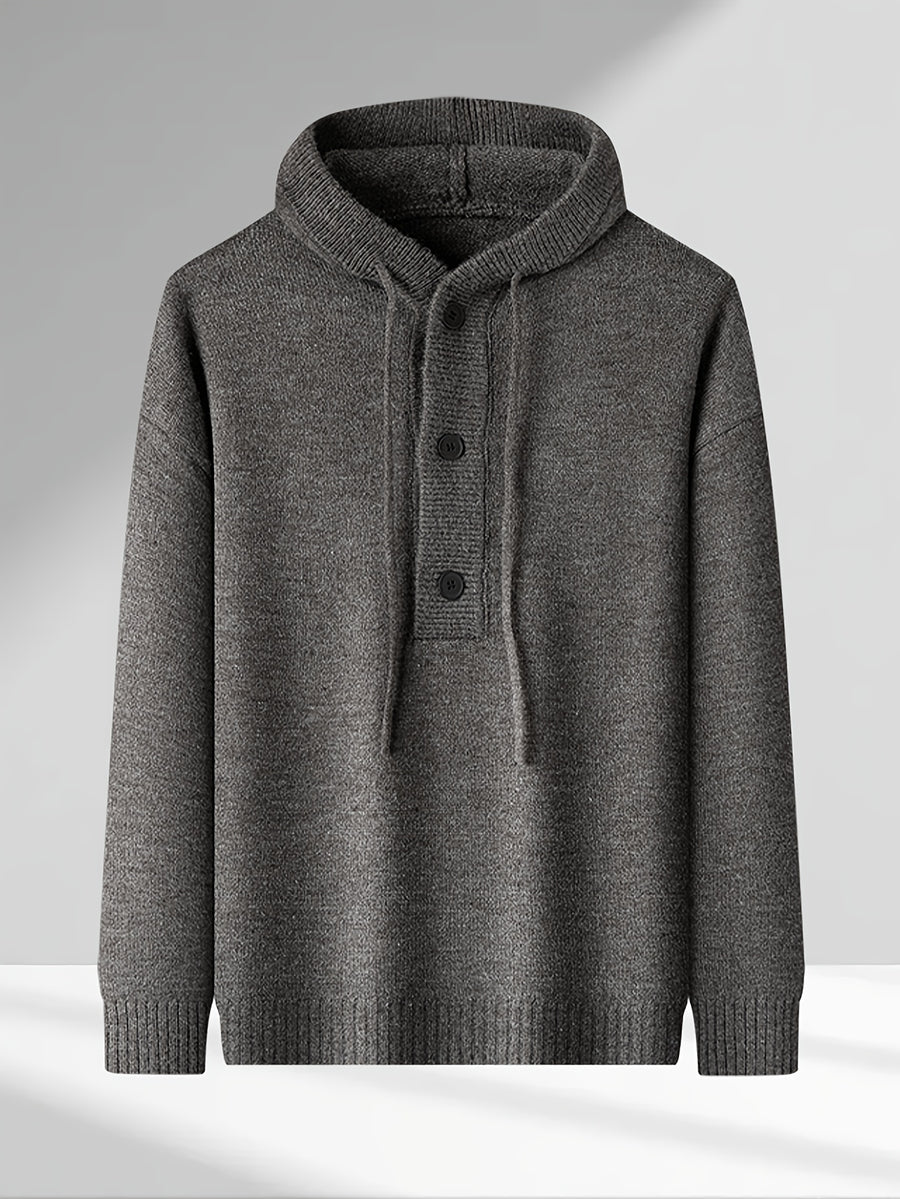 Men'S Hooded Henley Knit Pullover Sweater, Half-Button Drawstring Long Sleeve Ash Gray Solid Color Sweater, Soft Warm Regular Fit Casual Top, Men'S Commute Fall Winter Wear - Deep Gray