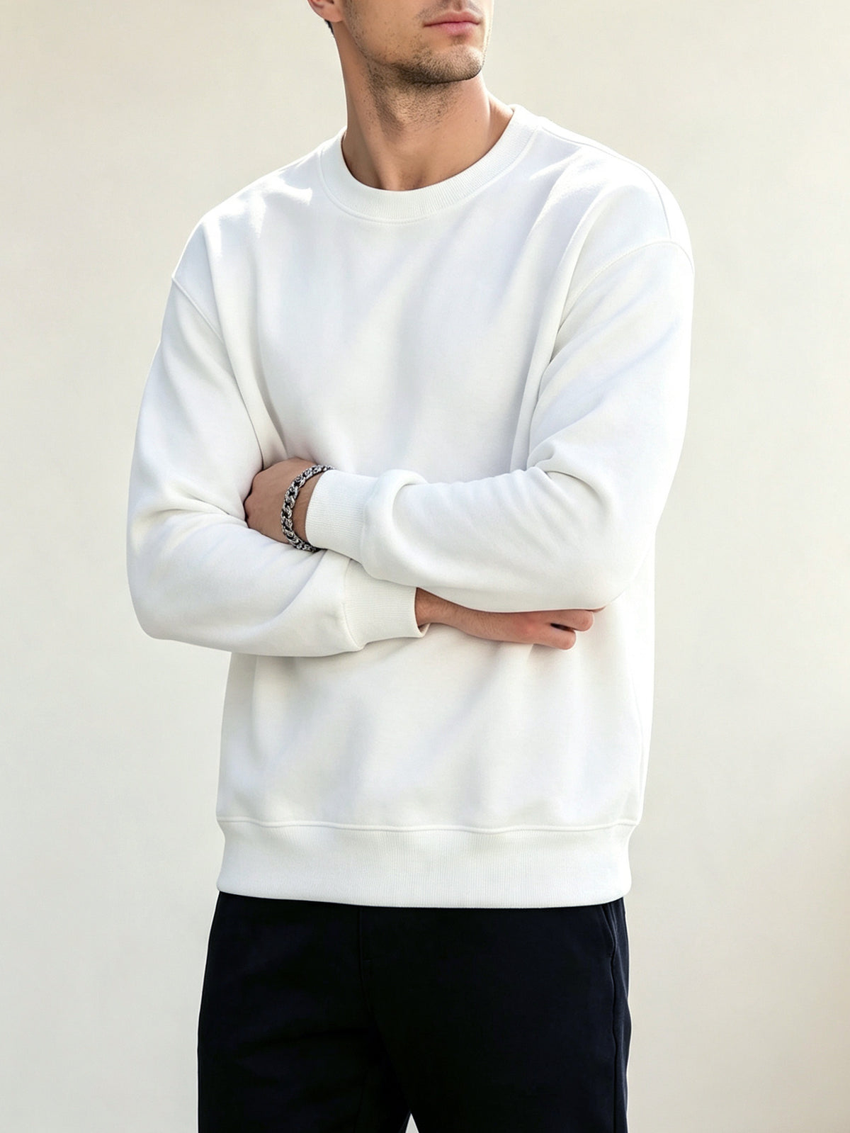Men's Spring/Autumn Fashion Crew Neck Sweatshirt - Knitted Long Sleeve, Casual Sportswear Top, Studio Single Piece T-Shirt, Cotton Blend Knit with Slight Stretch Fabric, Pullover, New Men's Apparel Gift - White