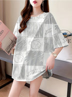 New Summer Collection of Plus-Size Loose-Fitting Stylish Cartoon Print Women'S Mid-Length Short-Sleeve T-Shirts - White