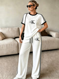2pcs Set of Barcode Women'S Short Sleeve Long Pants, Printed Color-Block Comfortable Soft Casual Outdoor Sports Set Long Sweatpants Short Sleeve Top - White