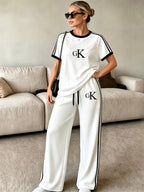 2pcs Set of Barcode Women'S Short Sleeve Long Pants, Printed Color-Block Comfortable Soft Casual Outdoor Sports Set Long Sweatpants Short Sleeve Top - White