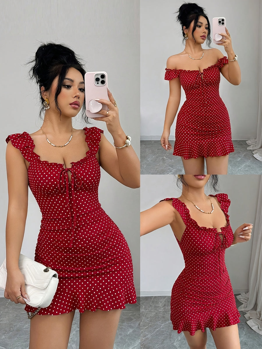 Women'S Vintage Ruffled Hem Fitted A-Line Dress, Elegant Sexy French Waist-Cinching Tight Summer Dress - Red