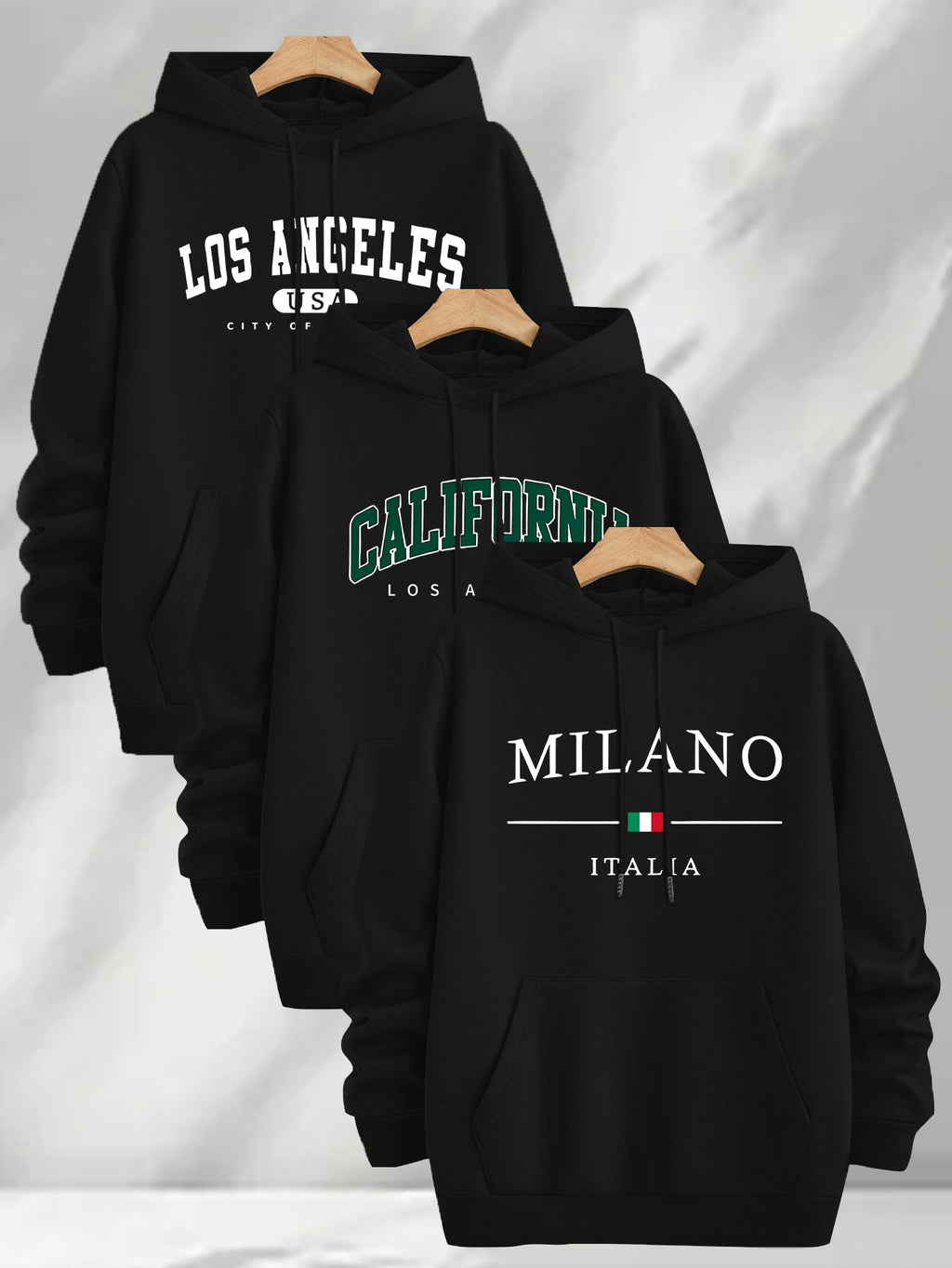 3pcs Urban Element Print Sweatshirt, Men's Casual Hooded Sweatshirt, Long-sleeve Pullover, Slight Stretch, Knitted Polyester Fabric, Regular Men's Hoodie - Black
