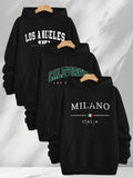 3pcs Urban Element Print Sweatshirt, Men's Casual Hooded Sweatshirt, Long-sleeve Pullover, Slight Stretch, Knitted Polyester Fabric, Regular Men's Hoodie - Black