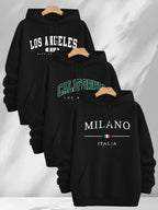 3pcs Urban Element Print Sweatshirt, Men's Casual Hooded Sweatshirt, Long-sleeve Pullover, Slight Stretch, Knitted Polyester Fabric, Regular Men's Hoodie - Black