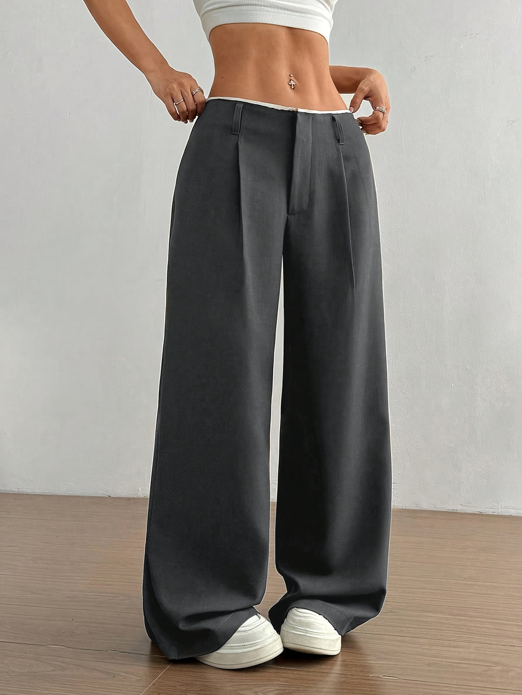 Spring/Autumn New Solid Color Spliced Waist Straight-Leg Trousers, Loose Casual Commuter Style Suit Pants - Deep Grey