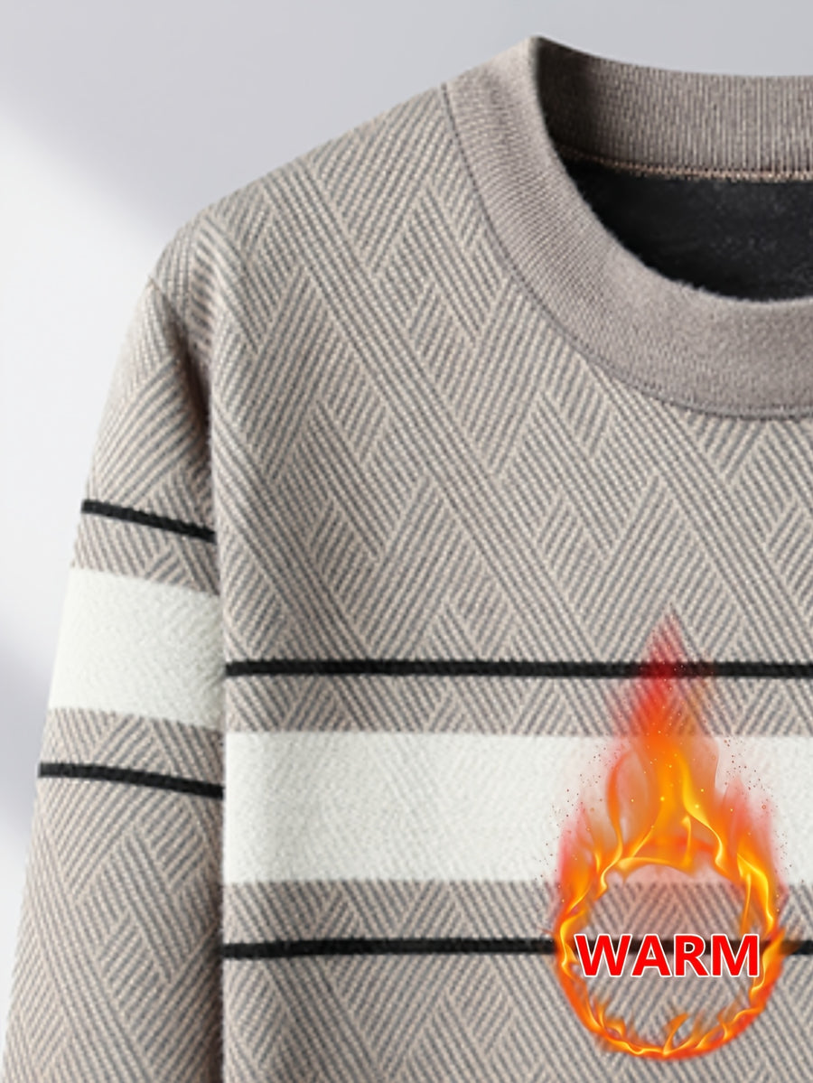 Minimalist Urban -Lined Crew Neck Knit Sweater for Warmth and City Casual Style - Camel