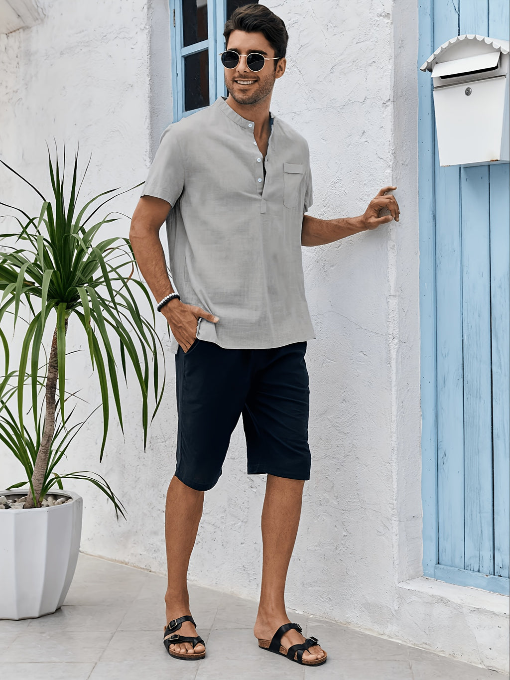 Men'S Summer Henley Collar Short Sleeve T-Shirt, Stand-Up Collar Casual Top, Breathable Linen, for Pool Parties, Beach Vacations, Ideal Choice for Beachwear Gifts - Grey