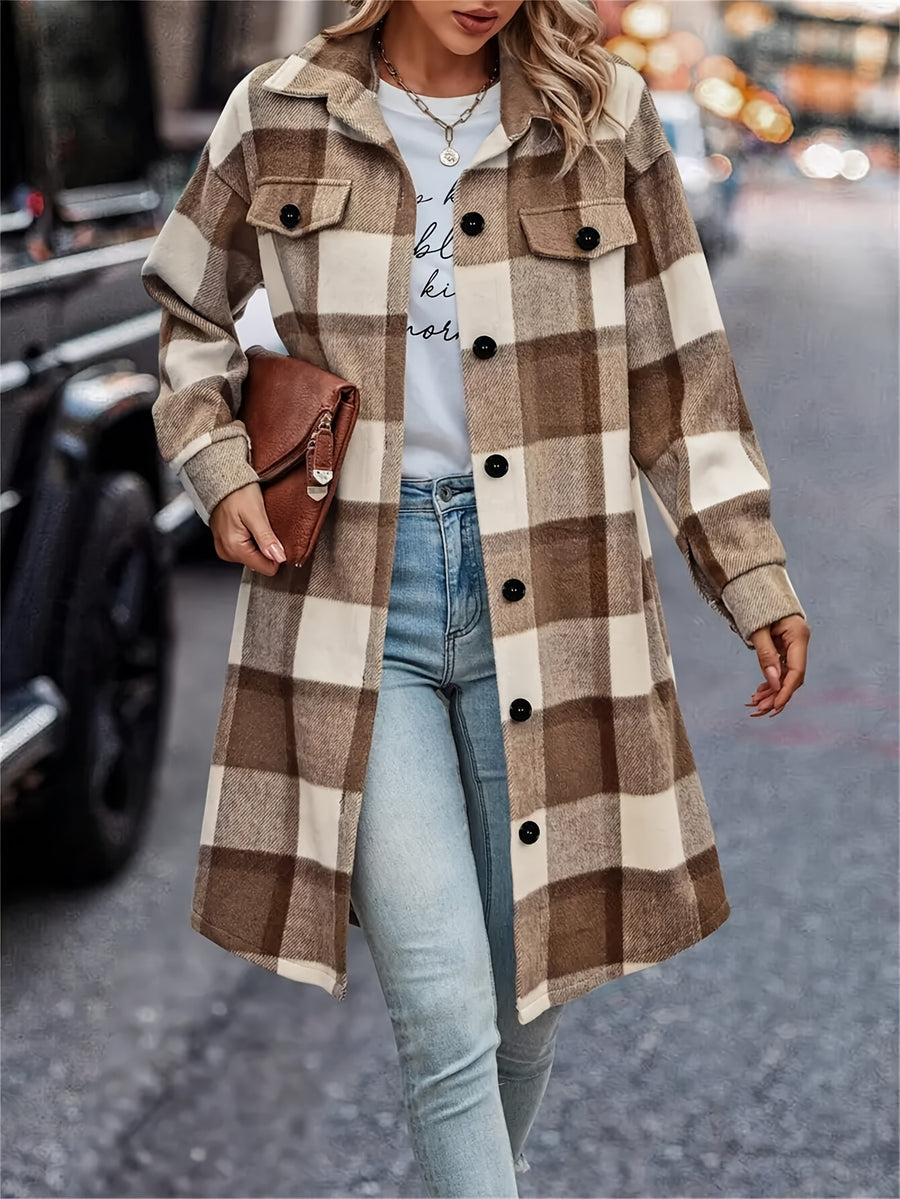 Elegant Women's Plaid Long-Sleeve Casual Shirt, Autumn/Winter Long-Sleeve Top, Long Blouse - Khaki