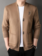 [Wading Whale OBM] Spring/Summer New Men'S Knit Cardigan, Old Money Style Solid Color V-Neck Long Sleeve Open Front Sweater with Single Button Closure And Ribbed Texture, Side Pockets And Chest Embroidery Design - ginger-colored