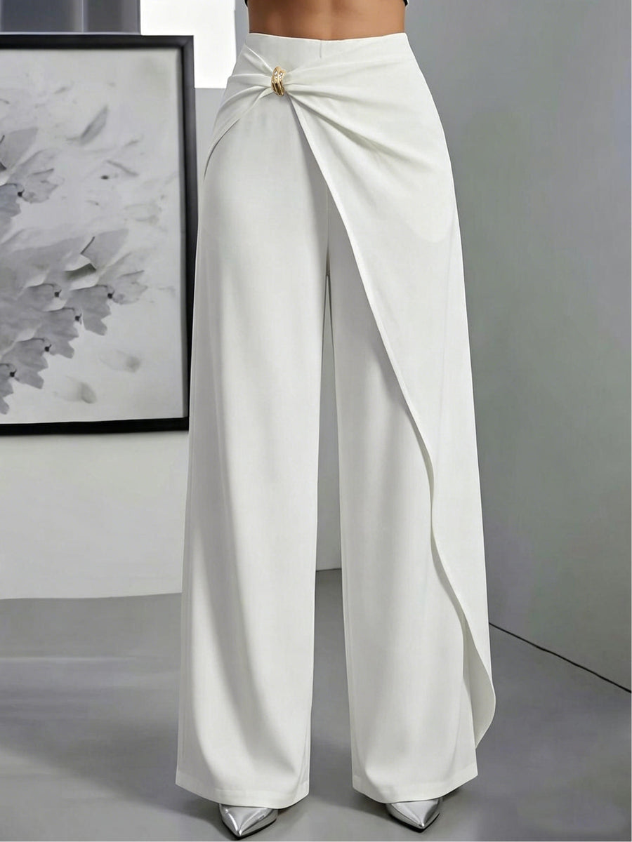 High-Waisted Draped Wide-Leg Pants for Women, Designer Twist Knot Metal Buckle, Elegant Commuter Advanced Feel Long Pants - White