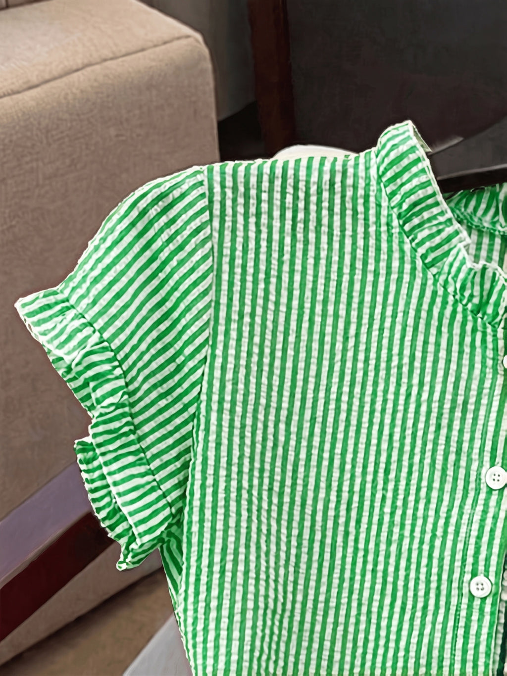 Women's Ruffle Collar Short Sleeve Single-Breasted Striped Shirt, Summer - Emerald Green